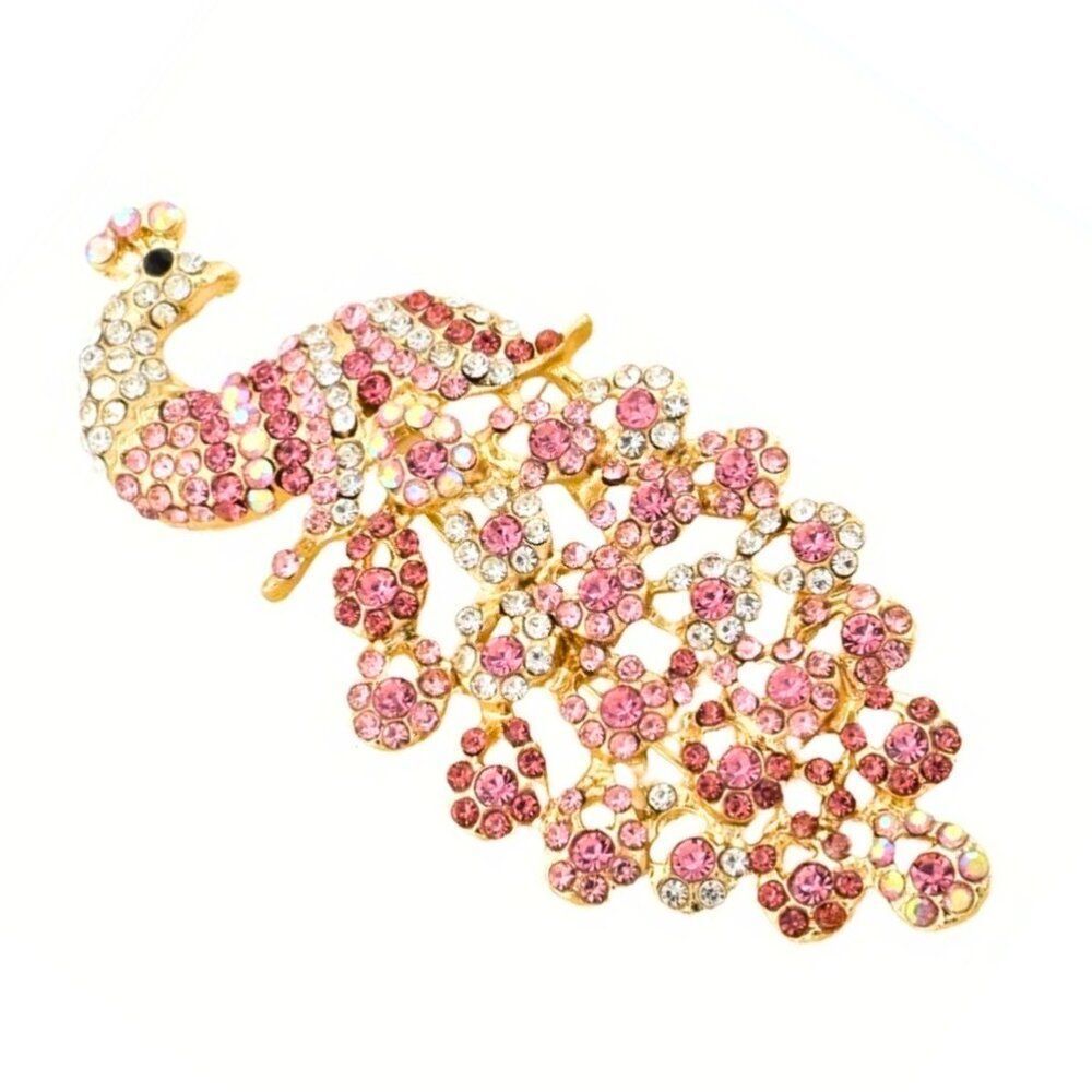 Pink Peacock Brooch Rhinestone Statement Jewelry Pendant Gold-tone Jewelry